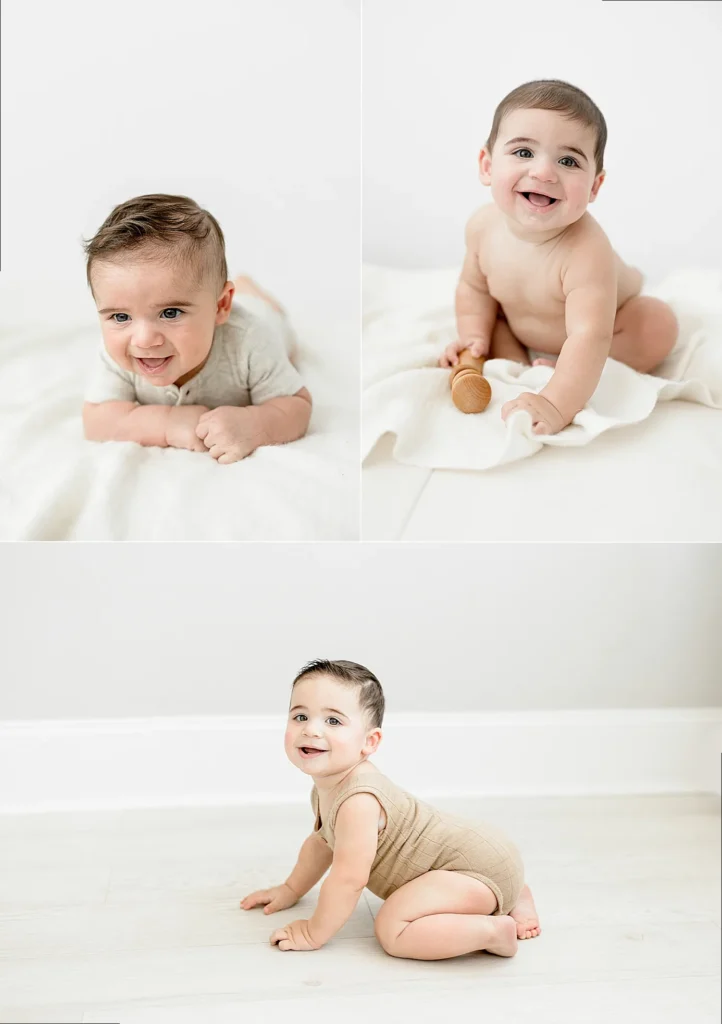 A baby boy, Krew, at 3, 6, and 9 months, showing growth milestones.