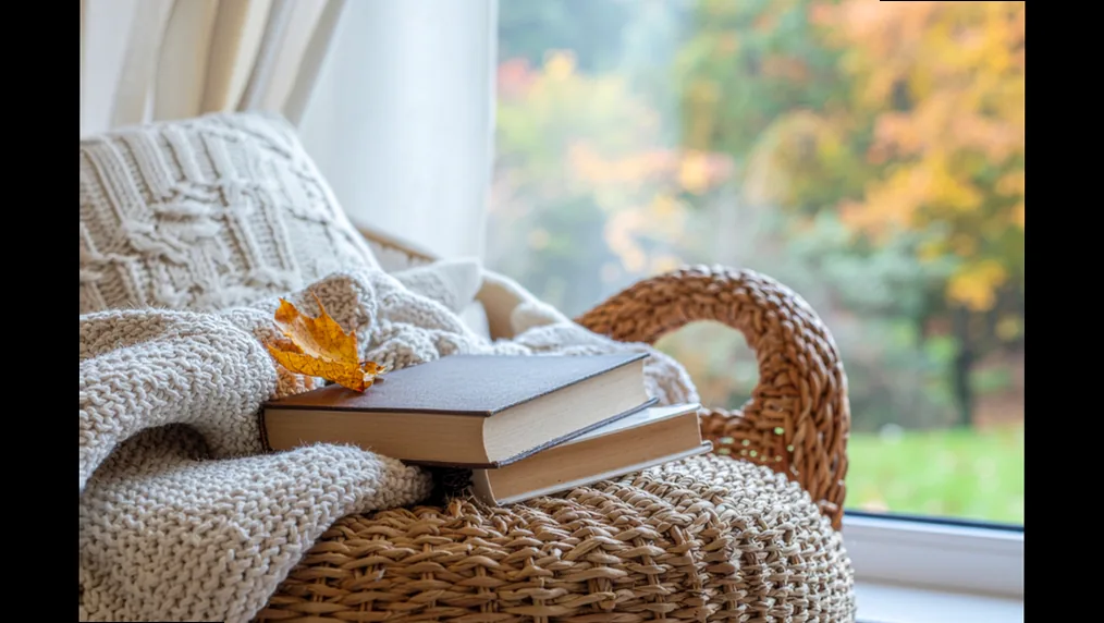 Cozy wicker chair by a window with two stacked books and a knitted cream blanket, autumn leaves visible outside, creating an inviting reading space.