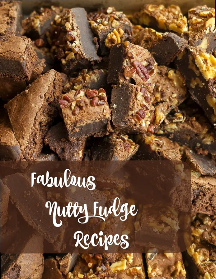 A visually appealing photo of various nutty fudge recipes, encouraging users to save these decadent ideas for later.