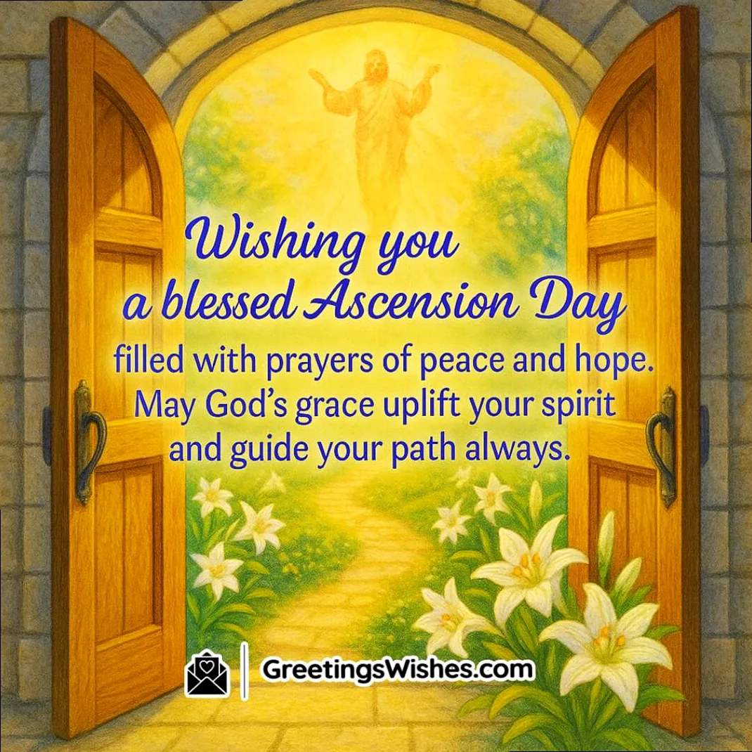 A serene chapel door opening to a radiant sky, symbolizing prayer, peace, and divine guidance on Ascension Day.
