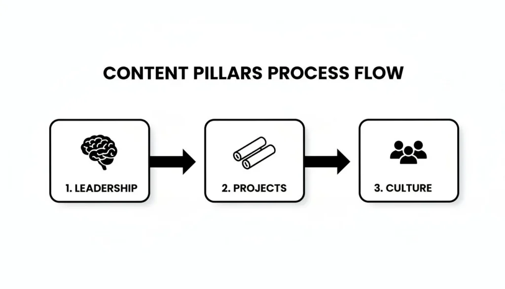 A flowchart illustrating the content workflow for engineering firms, showing how core themes feed into diverse content formats.