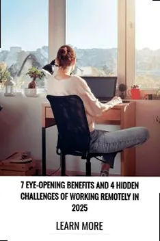 A woman sitting at a desk in front of a window, looking contemplative, with text about the benefits and challenges of remote work, highlighting thoughtful engagement.