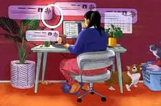 A woman working diligently at her desk in front of a computer, with two cats relaxing on the floor nearby, showcasing a calm and focused WFH environment.