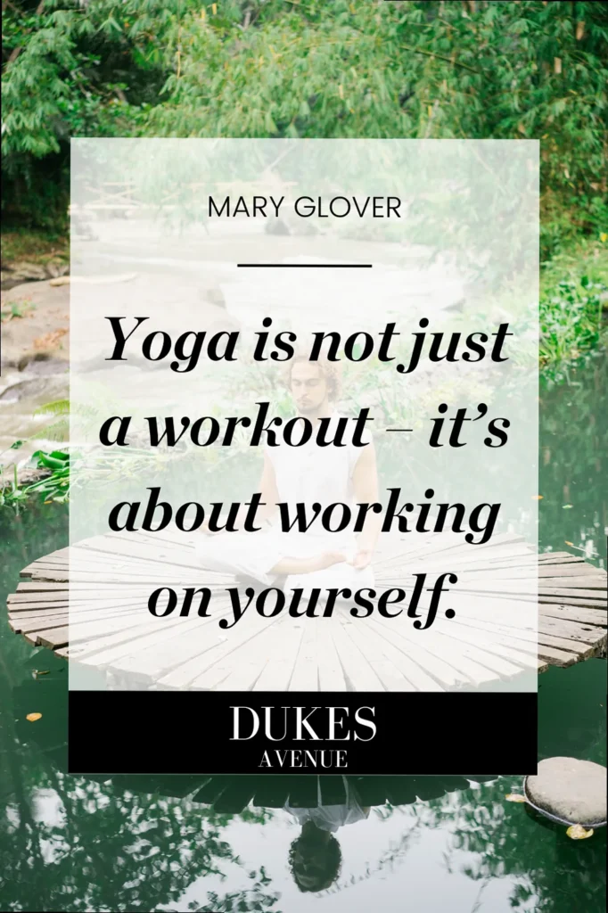 Man in lotus position in a pond surrounded by greenery with yoga quote text overlay 'yoga is not just a workout - it's about working on yourself.'