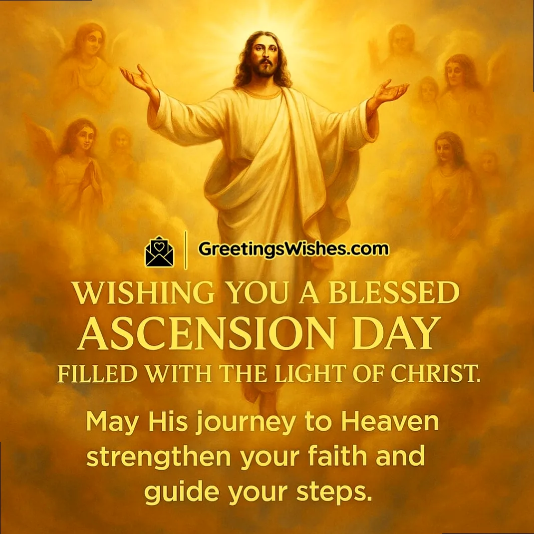 Jesus ascending into a radiant, cloud-filled sky, surrounded by angelic light, symbolizing hope and divine guidance on Ascension Day.