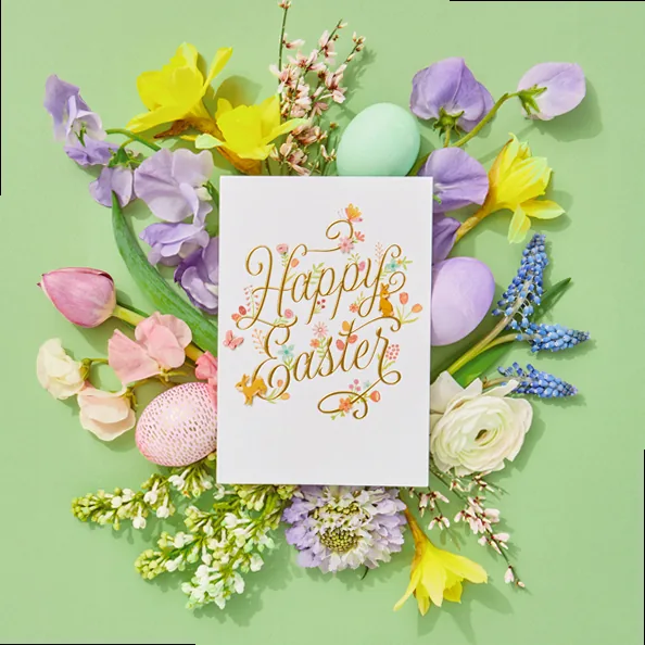 Happy Easter Card with flowers and eggs