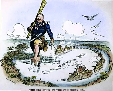 A cartoon of Theodore Roosevelt wielding a 'Big Stick' labeled 'Big Stick' while marching through the Caribbean Sea, pulling a boat named 'The Receiver'. Surrounding ships are labeled 'Debt Collector' and 'Sheriff'.