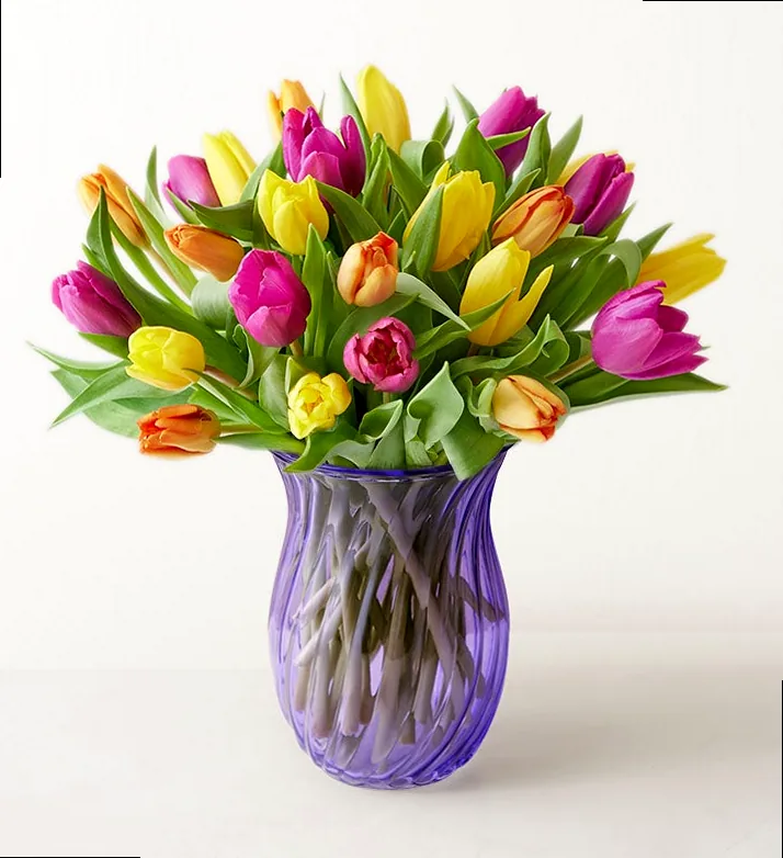 A colorful bouquet of assorted tulips in full bloom, conveying joy and freshness.