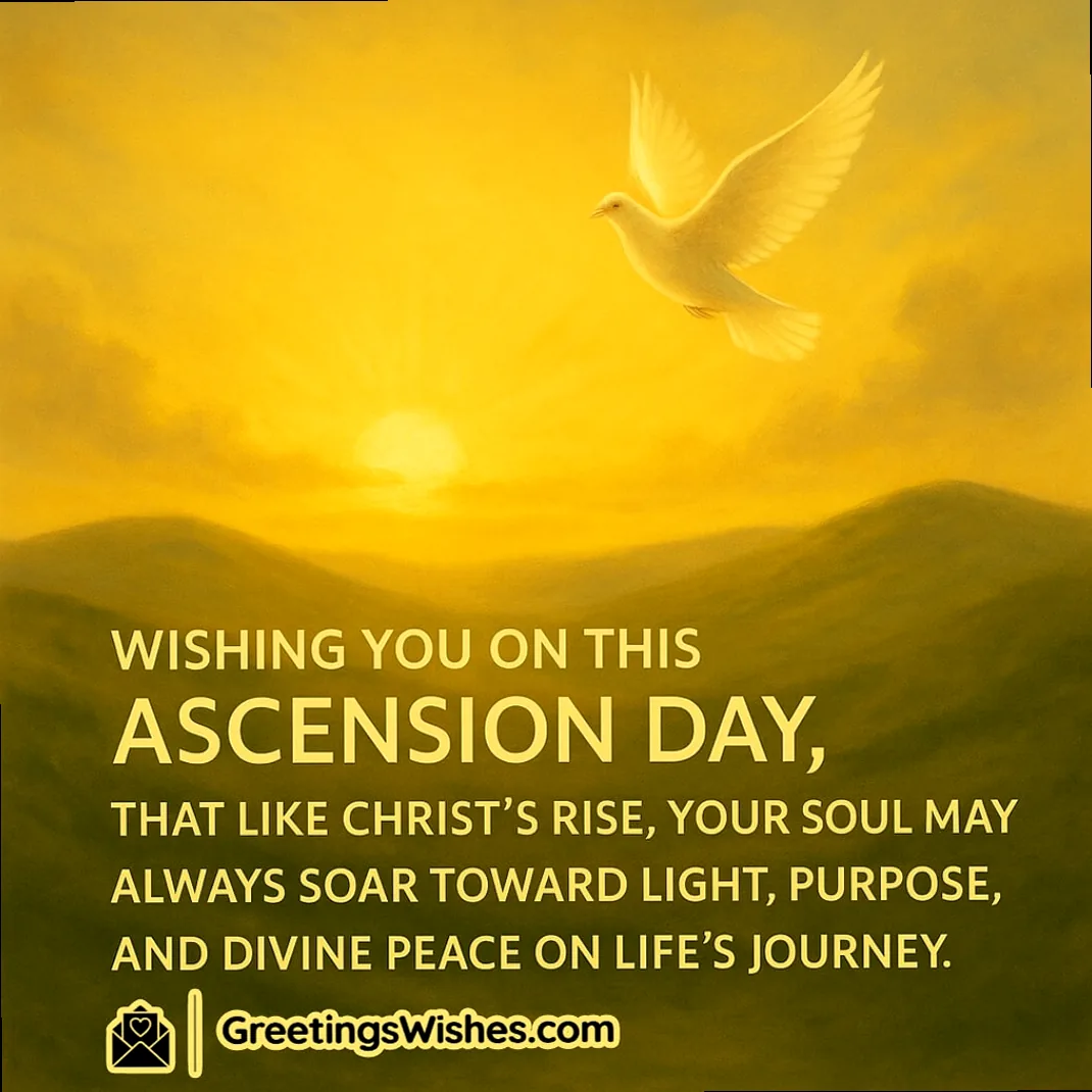 A serene sunrise with a white dove soaring, symbolizing spiritual ascent and divine peace on Ascension Day.