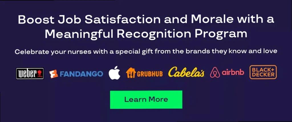 Graphic illustrating how a meaningful recognition program can boost job satisfaction and morale, featuring logos of popular brands like Weber, Fandango, Apple, Grubhub, Cabela's, Airbnb, and Black + Decker for gifts.