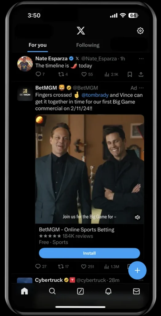 X (Twitter) Timeline Takeover ad showing brand presence at the top of the feed