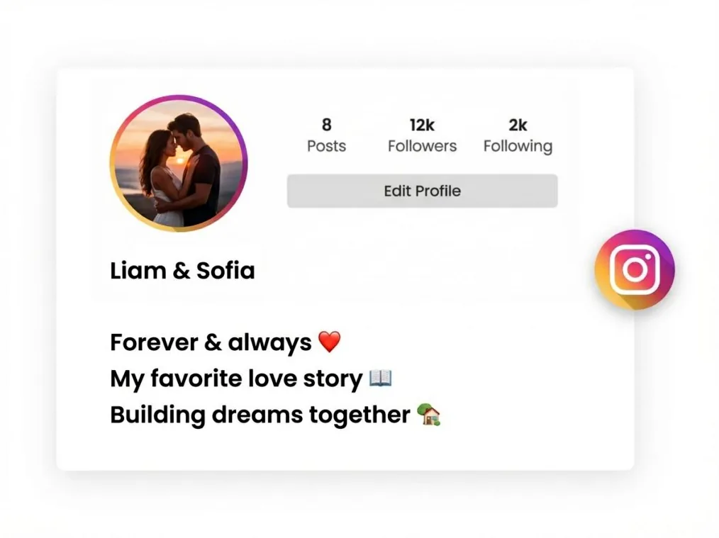 A stylized image illustrating a cohesive couple's social media presence with matching profile pictures and harmonious content, representing strong online branding.