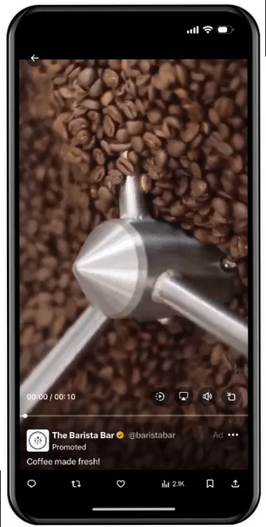 Example of a full-screen vertical video ad on X (Twitter)'s Immersive Media Viewer