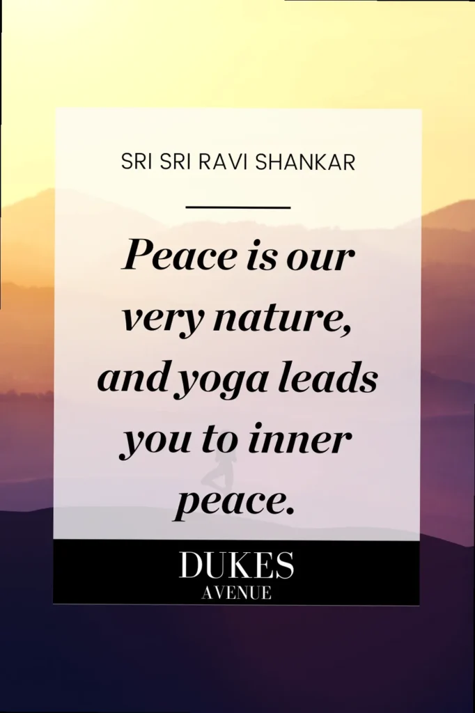 Woman in tree pose at sunset with yoga quote text overlay: 'Peace is our very nature, and yoga leads you to inner peace.'