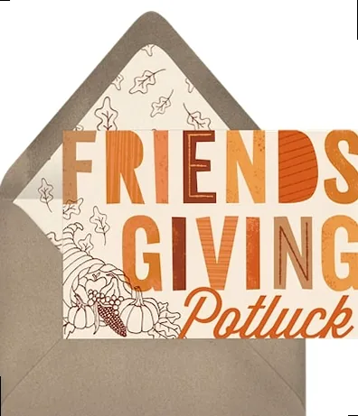 Friendsgiving invitation for a potluck feast, featuring an inviting table setting.