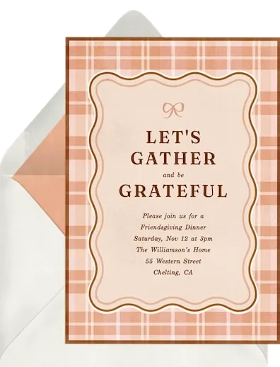 Friendsgiving invitation with an Autumn Plaid design for a brunch gathering.