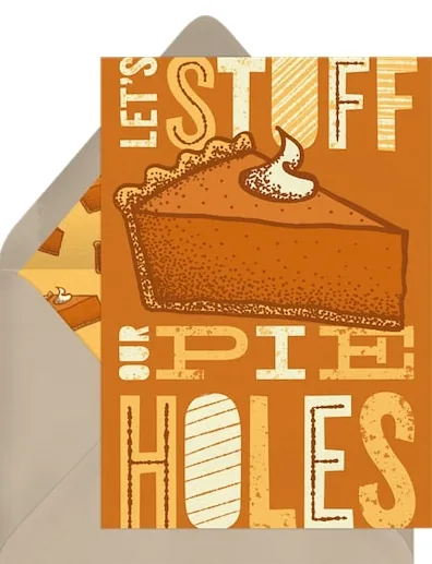 Cozy Friendsgiving invitation with an illustration of pies and warm beverages.