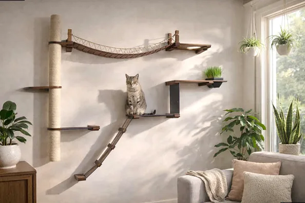 Majestic cat surveying its kingdom from a high wall-mounted shelf, plants and couch blurred in the background.