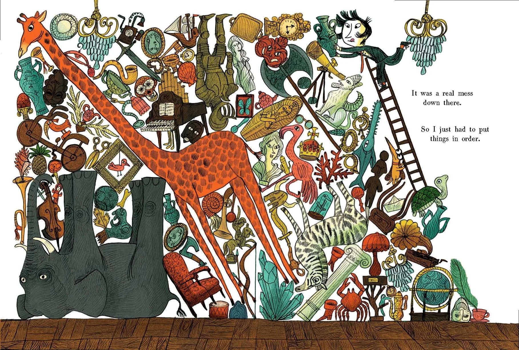A whimsical illustration of a boy and his dog creating chaos in a museum, highlighting unexpected humor.
