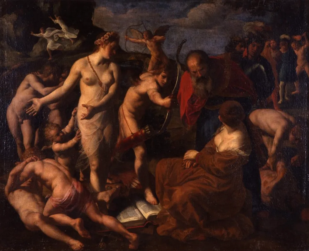 Alessandro Turchi's 'Allegory on the Power of Love (Omnia Vincit Amor)' painting, where Cupid aims his arrow, suggesting love's influence on various characters and the viewer.
