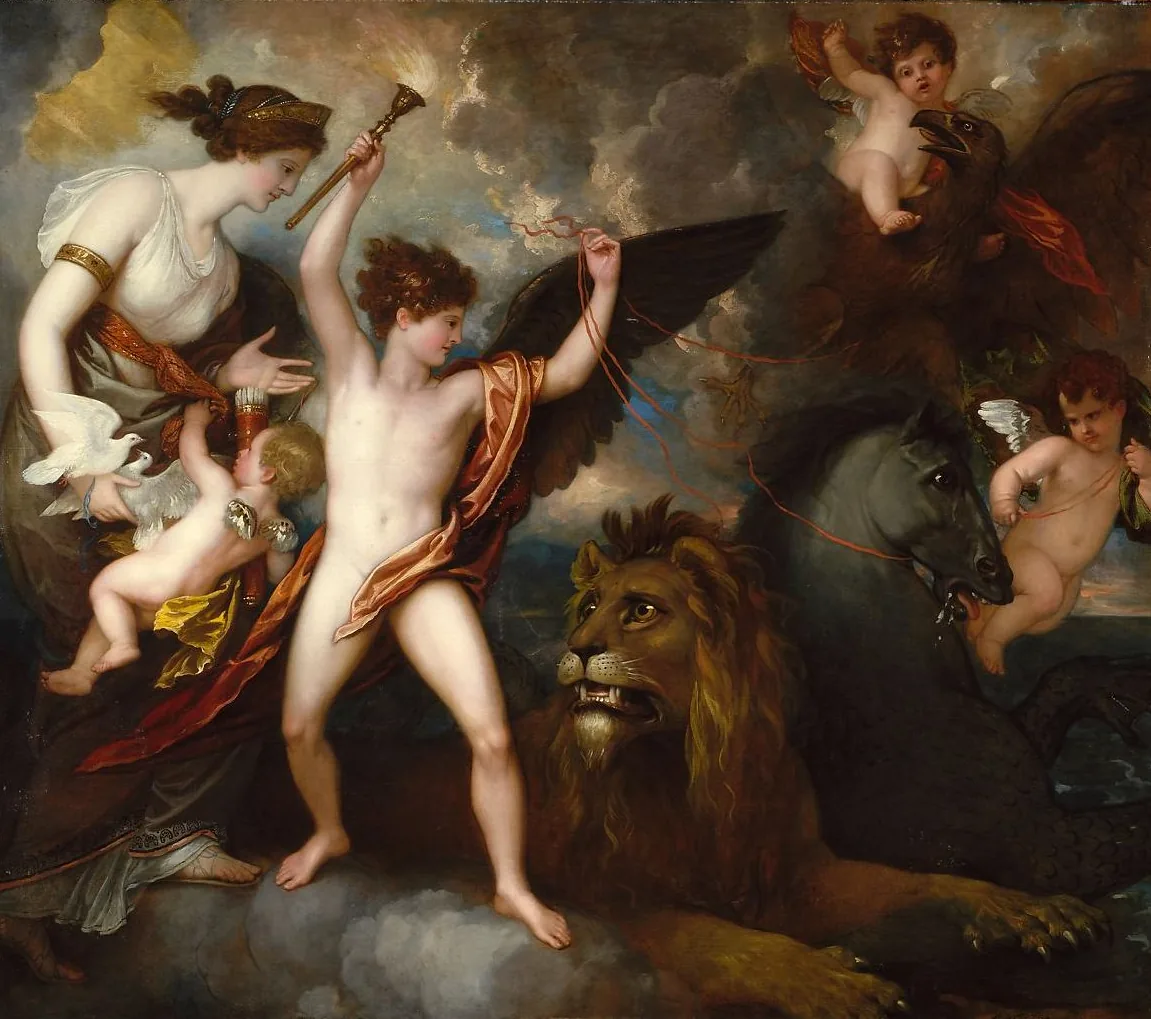 Benjamin West's 'Omnia Vincit Amor, or The Power of Love in Three Elements' painting, showing Cupid dominating animal representations of air, water, and earth.