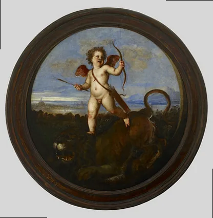 Titian's 'Triumph of Love' painting, showing Cupid standing triumphantly on a lion, symbolizing love's power over wild nature.