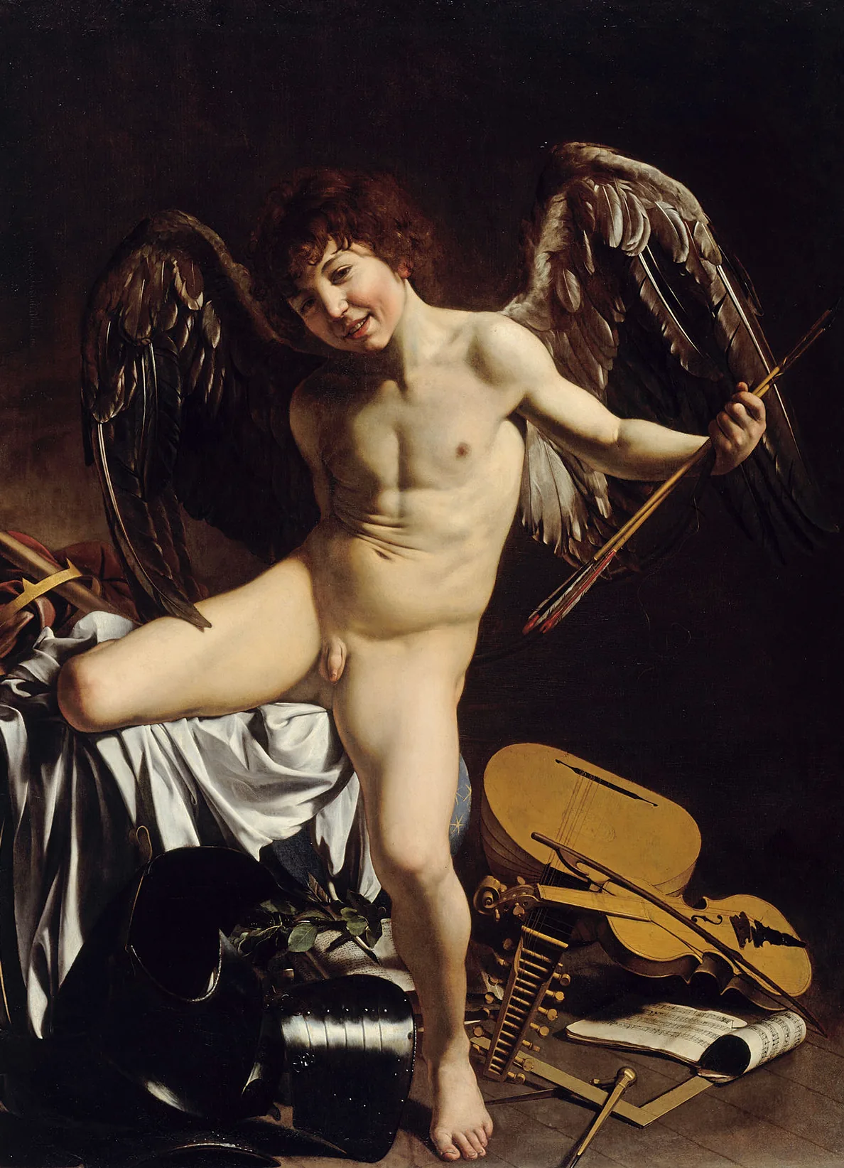 Caravaggio's 'Amor Vincit Omnia' painting, depicting a triumphant Cupid over worldly possessions, symbolizing love's power in ancient Rome and beyond.
