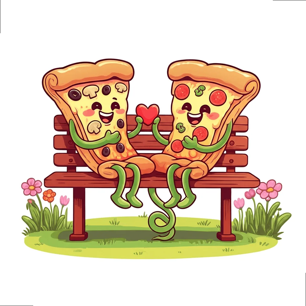 Cartoon pizza slices celebrating a special occasion with a heart-shaped card