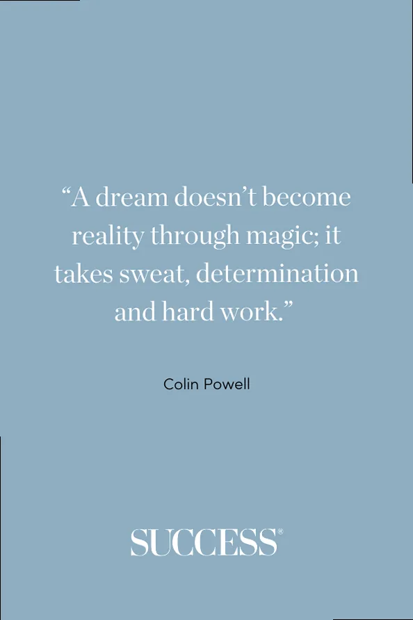 Image symbolizing powerful business hustle, featuring a quote by Colin Powell: 'A dream doesn’t become reality through magic; it takes sweat, determination and hard work.'