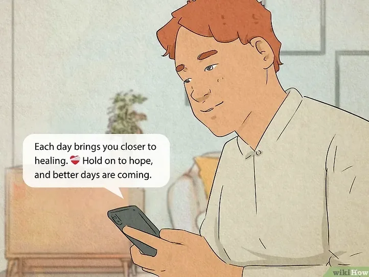A hand holding a smartphone with a text message, symbolizing connection and support for a loved one during their cancer journey.